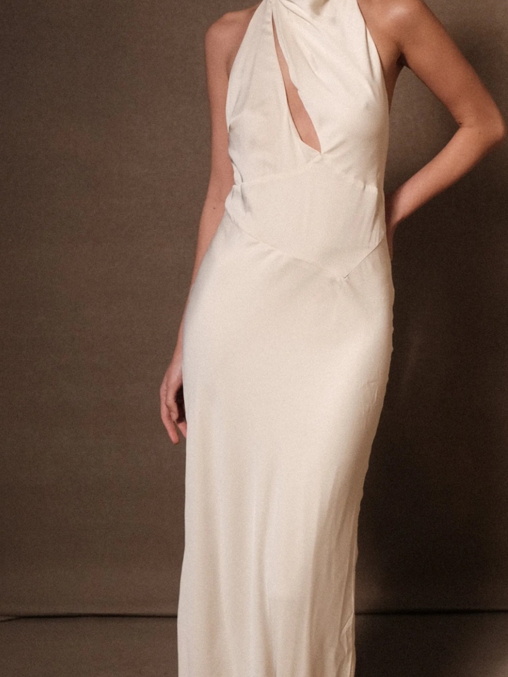 Meshki Halter Cutout Ivory Satin Maxi Dress